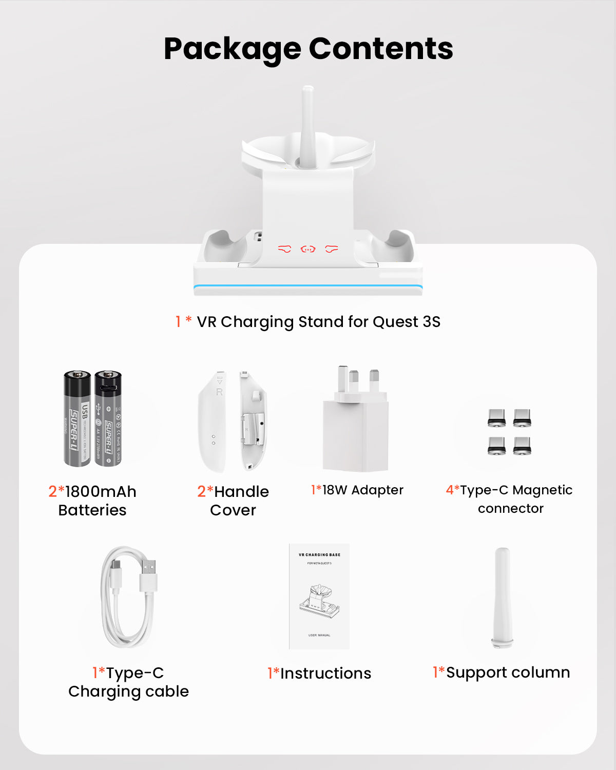 GEEKERA Quest 3S Charging Dock, VR Stand, RGB Light, 2 Batteries, 2-in-1 Charger