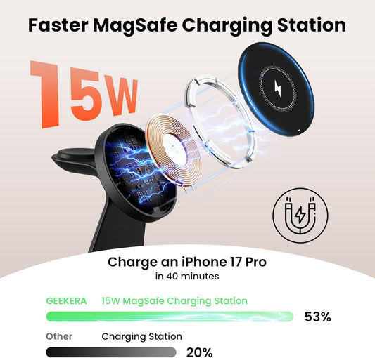 Magnetic Wireless Charger Stand Apple : GEEKERA 15W Fast Magnetic Charging Station for iPhone 17-12 Series - Apple Watch 11-2 - AirPods Pro 4-2 - Office Home Travel Use with Auto Sleep Light