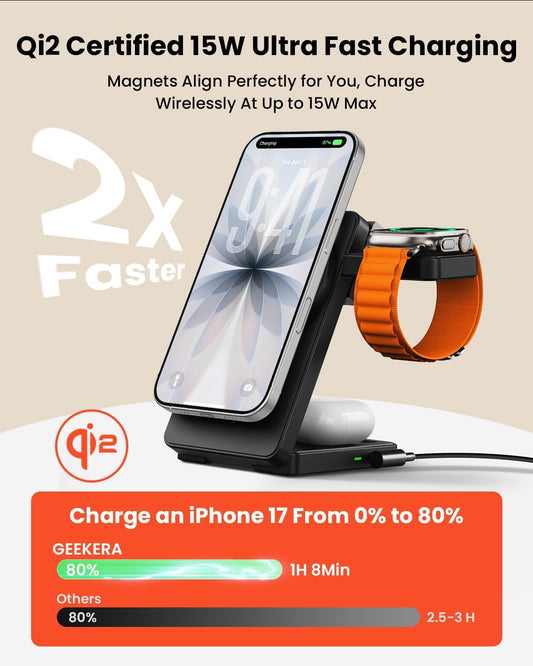 Qi2 15W Fast Wireless Charging Station, GEEKERA 3 in 1 Magnetic Wireless Charger Stand for Apple Devices, Foldable Travel Charging Dock for iPhone 17 16 15 14 13 12, for Apple Watch & AirPods