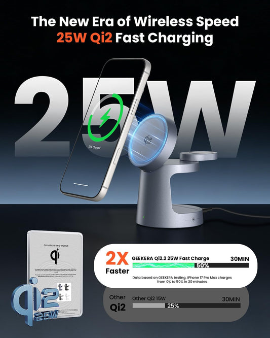 GEEKERA Qi2 25W 3-in-1 Charging Station with Night Light for iPhone