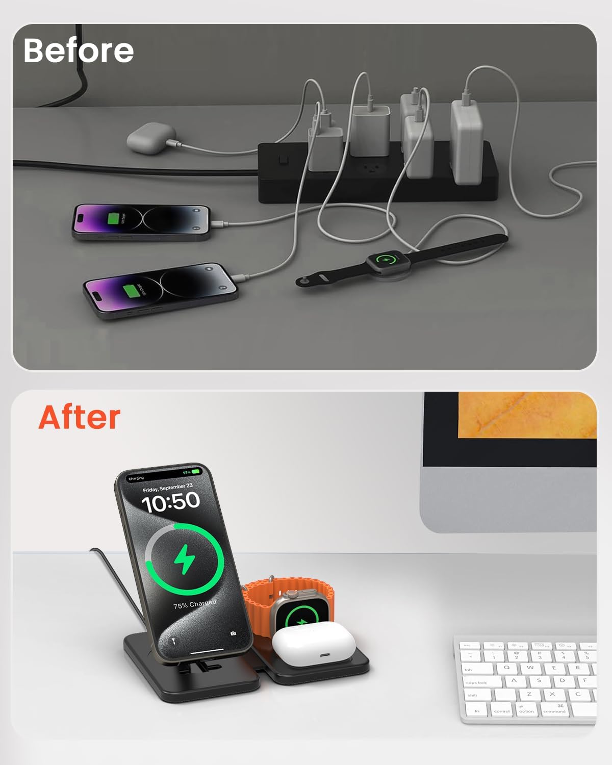 GEEKERA Magenetic 3-in-1 Wireless Charging Station Foldable for iPhone
