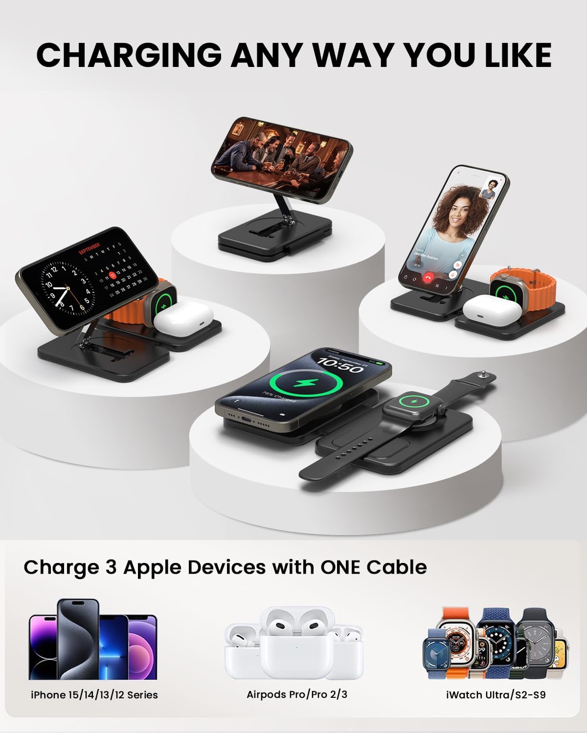 GEEKERA Magenetic 3-in-1 Wireless Charging Station Foldable for iPhone