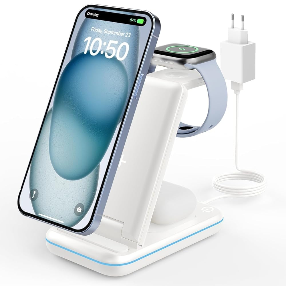 GEEKERA 3-in-1 Kabelloses Ladegerät, faltbarer Ständer für iPhone 16-11, Apple Watch Ultra-5, AirPods Pro-2