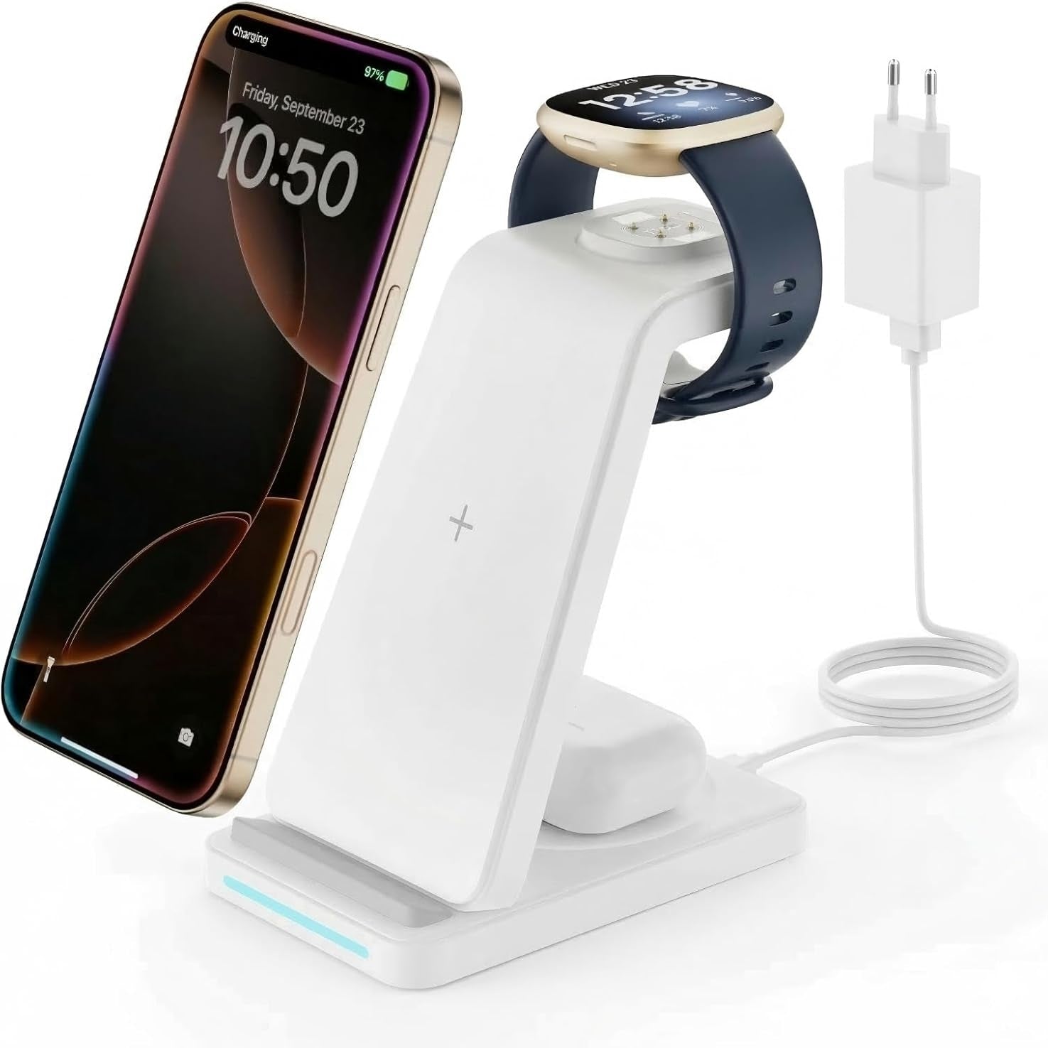 GEEKERA 3-in-1 Ladegerät für Fitbit Sense 2/Versa 4, iPhone, Samsung, Pixel, AirPods 3/2
