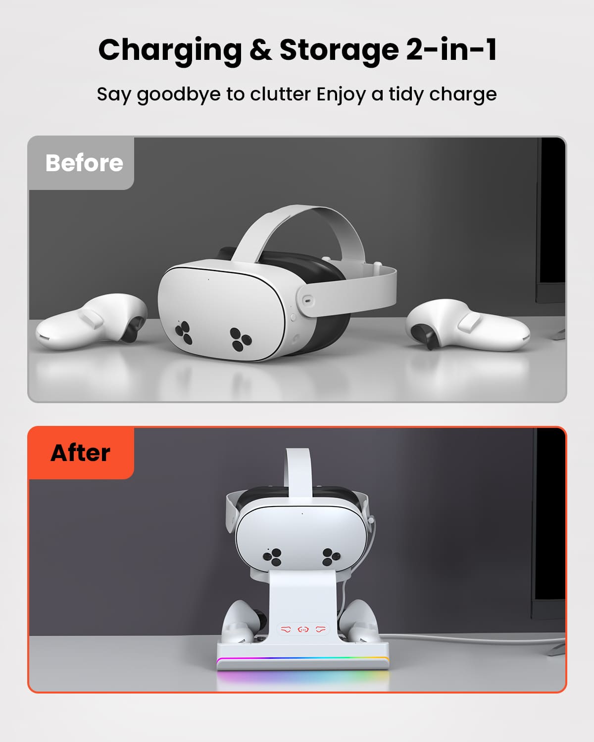 GEEKERA Quest 3S Charging Dock, VR Stand, RGB Light, 2 Batteries, 2-in-1 Charger