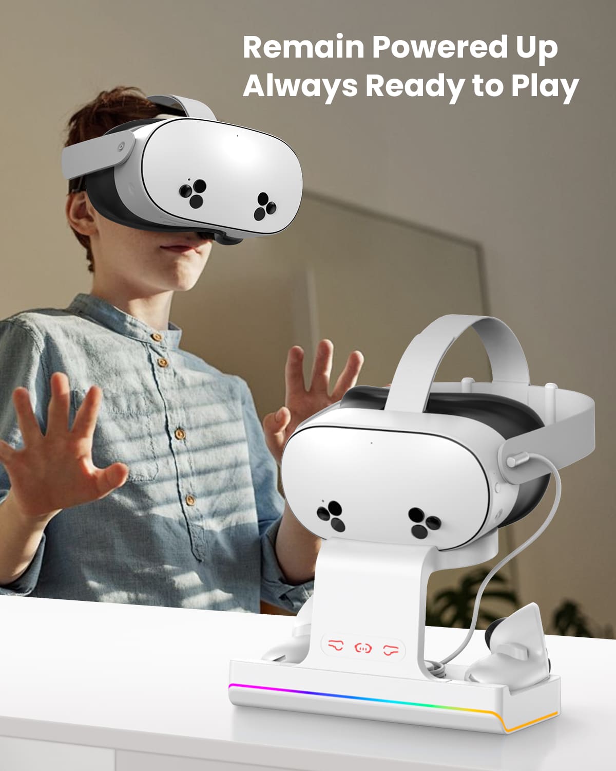 GEEKERA Quest 3S Charging Dock, VR Stand, RGB Light, 2 Batteries, 2-in-1 Charger