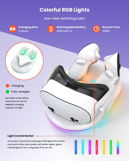 GEEKERA Quest 3S Charging Dock, magnetic, RGB light, 2 batteries