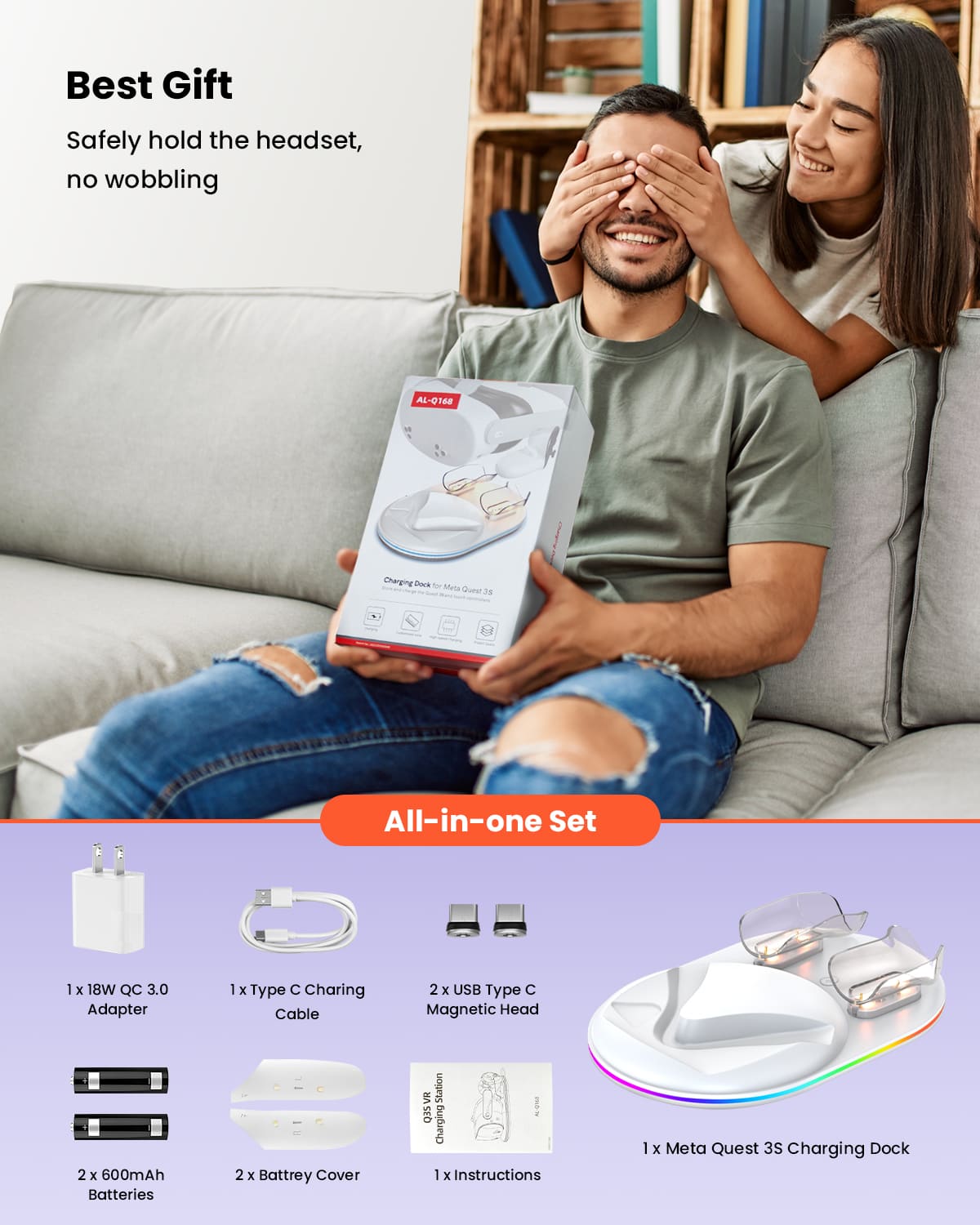 GEEKERA Quest 3S Charging Dock, magnetic, RGB light, 2 batteries