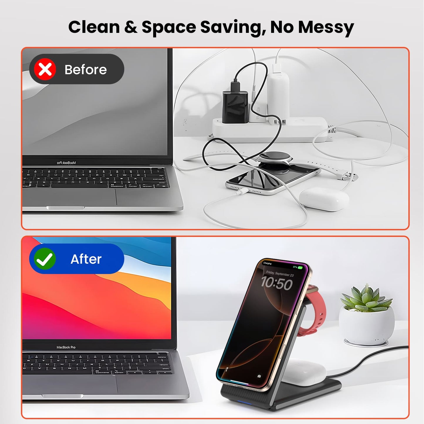 GEEKERA 3-in-1 Mag Charger, Foldable for iPhone 15-12 Pro Max, Fitbit Versa 4/Sense 2, AirPods 3/Pro