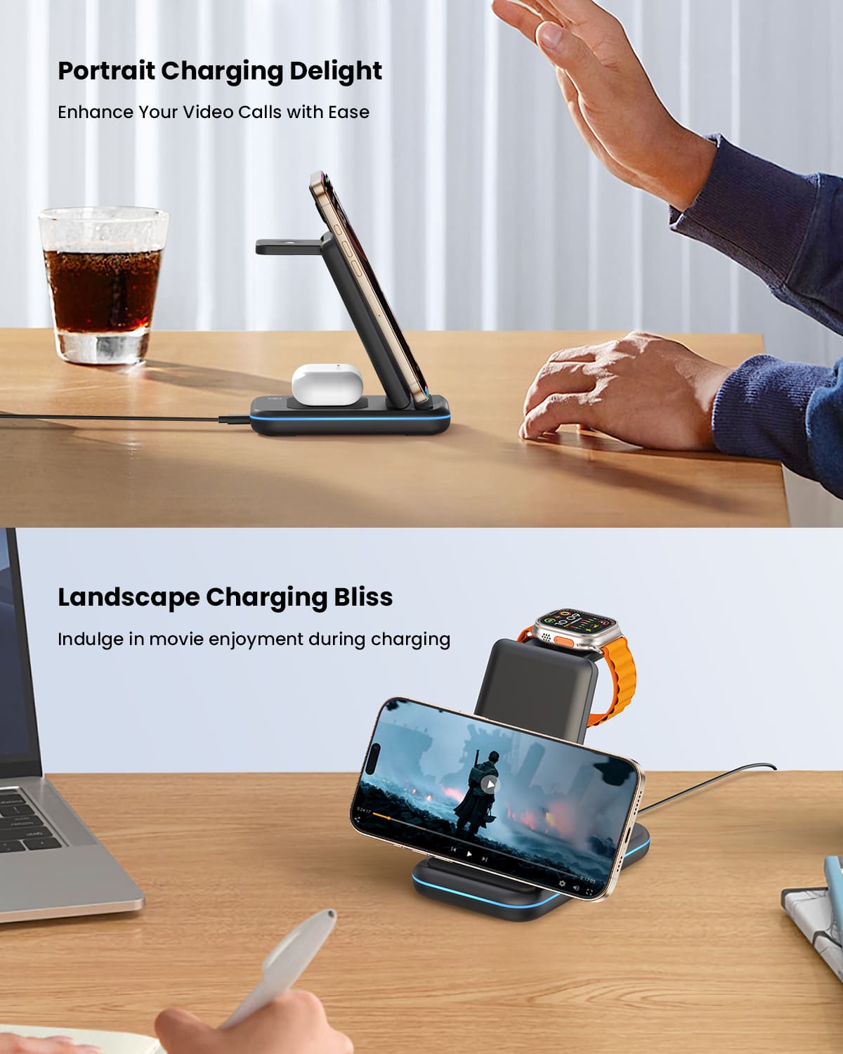 GEEKERA 3-in-1 Wireless Charger, Foldable Stand for iPhone 16-11, Apple Watch Ultra-5, AirPods Pro-2