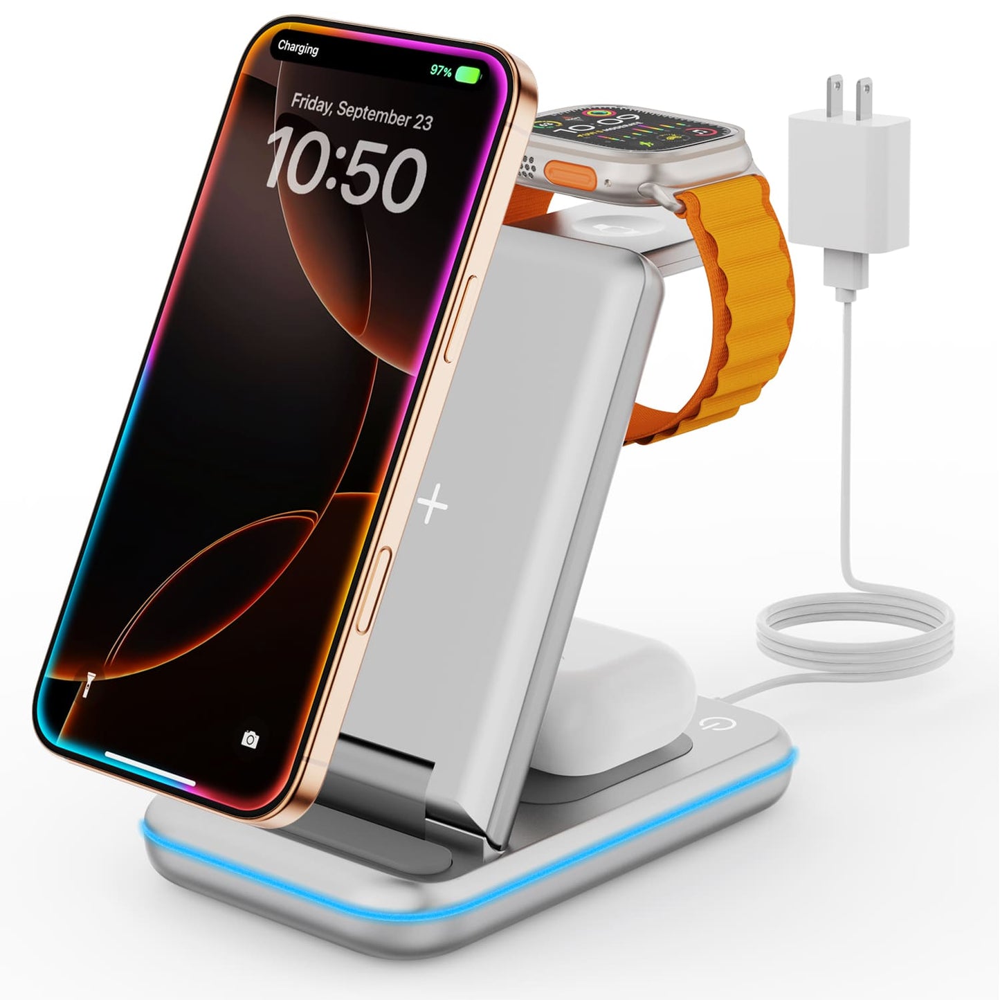 GEEKERA 3-in-1 Wireless Charger, Foldable Stand for iPhone 16-11, Apple Watch Ultra-5, AirPods Pro-2