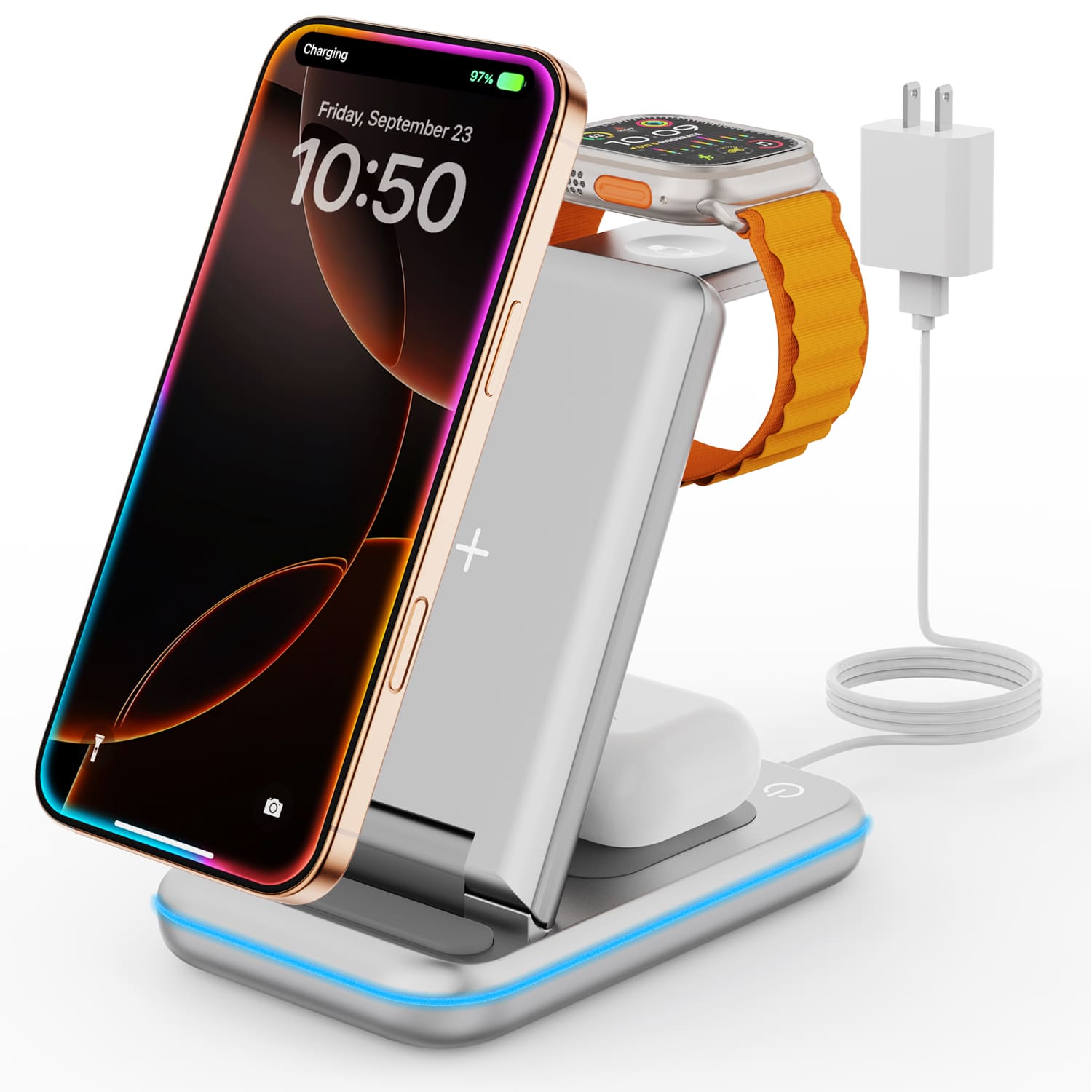 GEEKERA 3-in-1 Wireless Charger, Foldable Stand for iPhone 16-11, Apple Watch Ultra-5, AirPods Pro-2