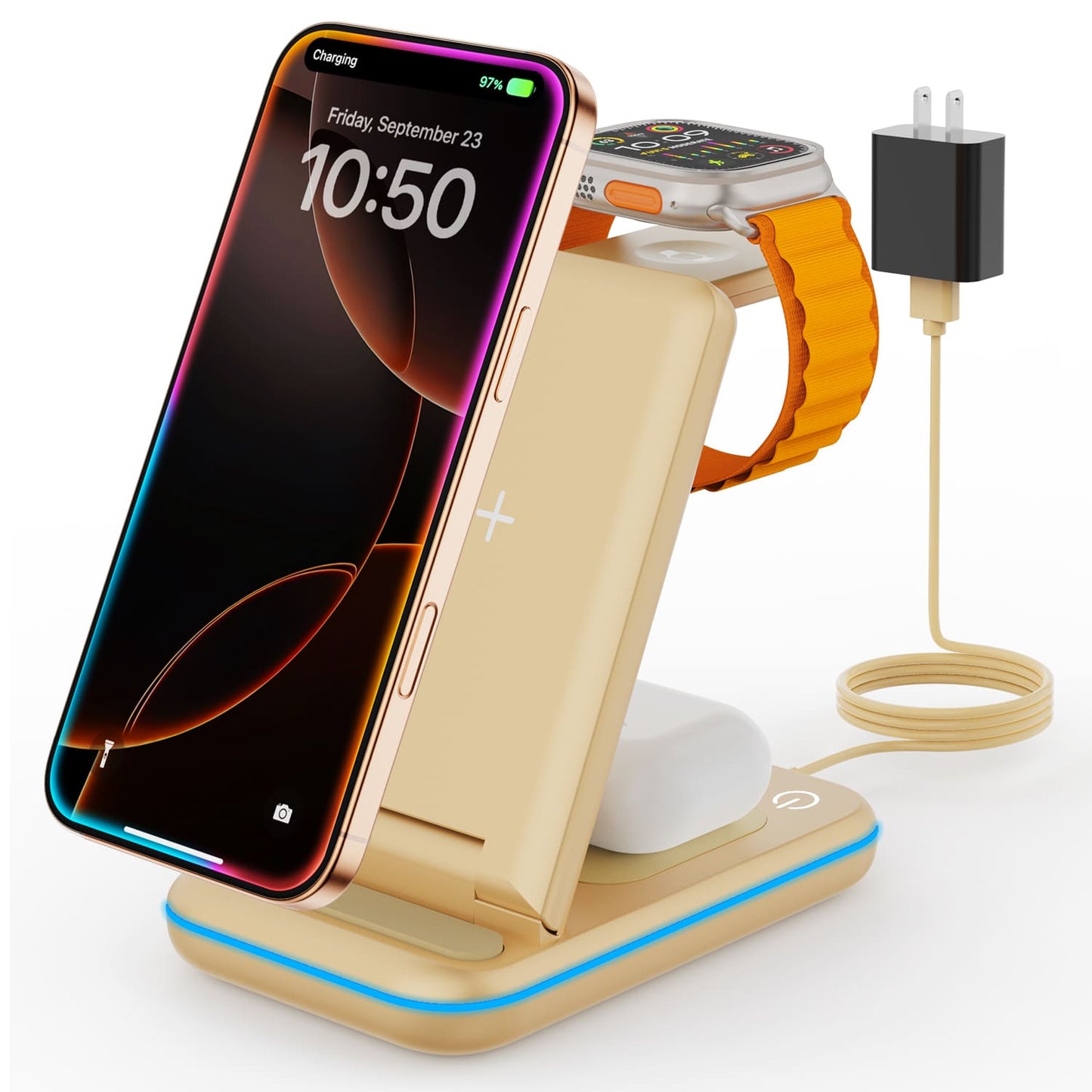 GEEKERA 3-in-1 Wireless Charger, Foldable Stand for iPhone 16-11, Apple Watch Ultra-5, AirPods Pro-2