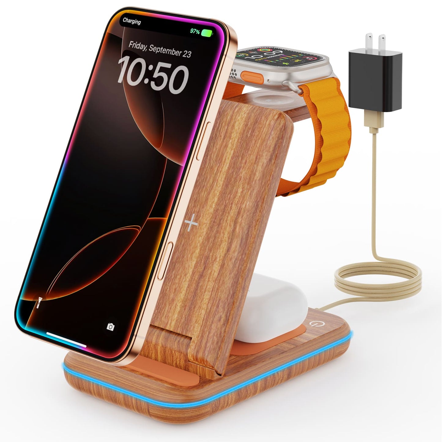 GEEKERA 3-in-1 Wireless Charger, Foldable Stand for iPhone 16-11, Apple Watch Ultra-5, AirPods Pro-2