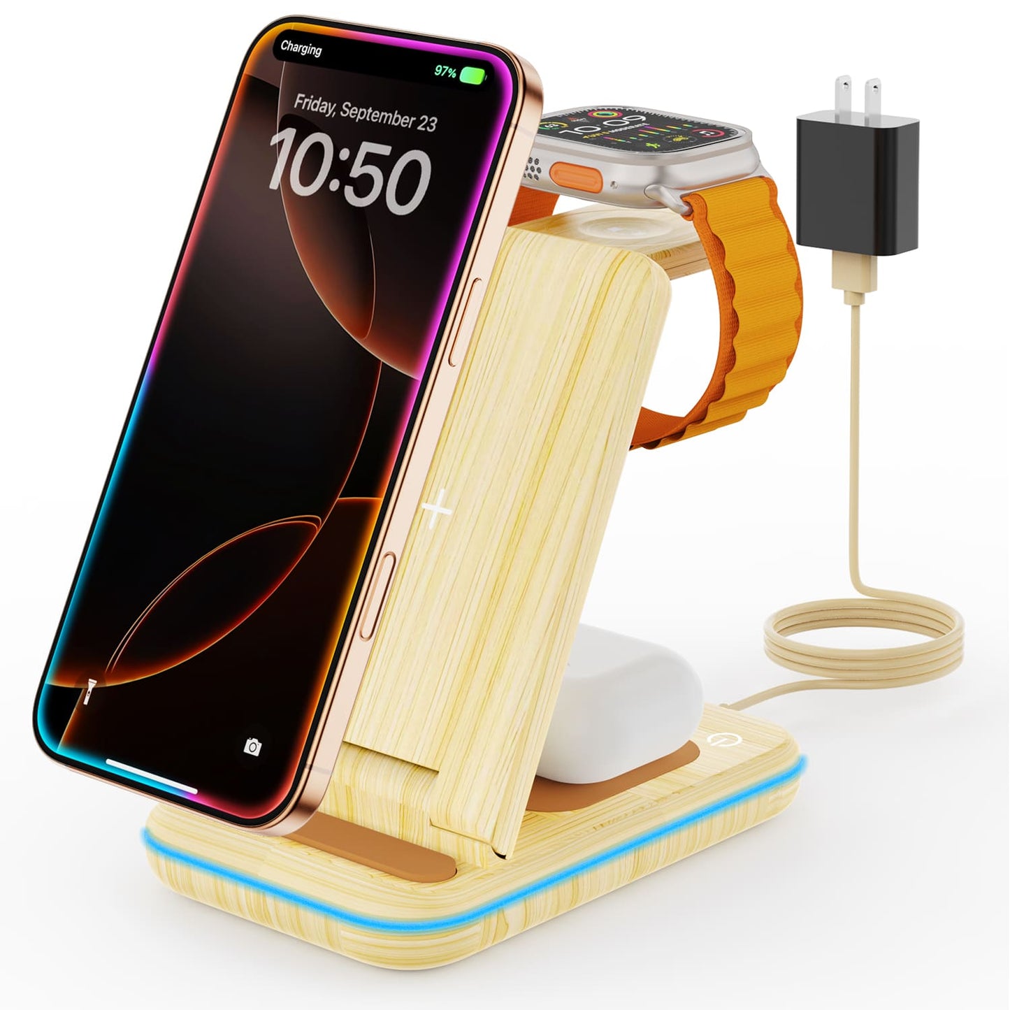 GEEKERA 3-in-1 Wireless Charger, Foldable Stand for iPhone 16-11, Apple Watch Ultra-5, AirPods Pro-2