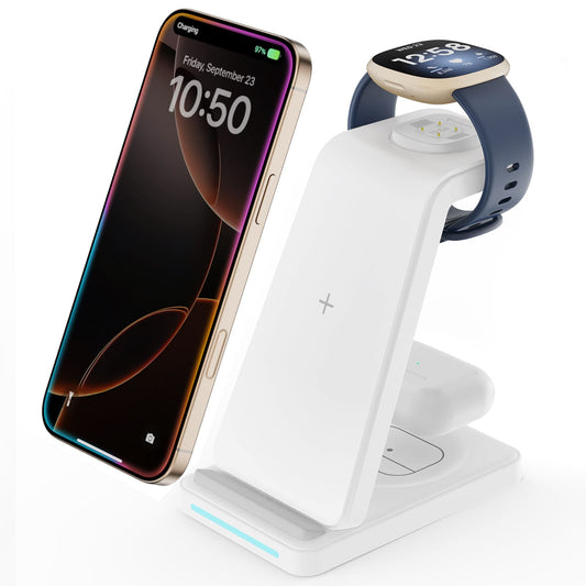 GEEKERA 3-in-1 Charger for Fitbit Sense 2/Versa 4, iPhone, Samsung, Pixel, AirPods 3/2