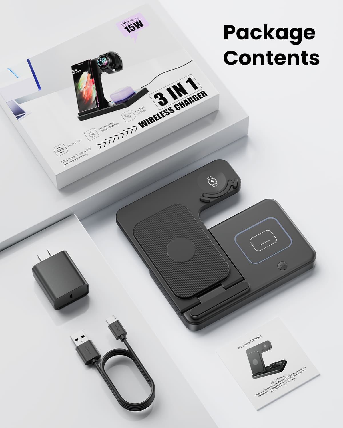 GEEKERA 3-in-1 Samsung charger, fold. for S24-S20, Z Flip/Fold 5-3, Watch 6-3, Buds 2 Pro