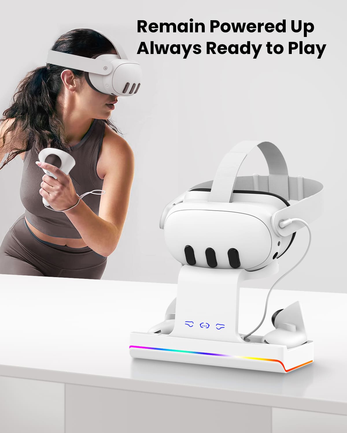 GEEKERA Quest 3 Charging Dock, VR Stand, RGB Light, 2 Batteries, Fast Charger