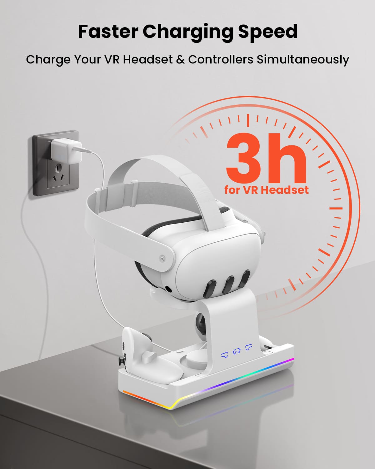 GEEKERA Quest 3 Charging Dock, VR Stand, RGB Light, 2 Batteries, Fast Charger