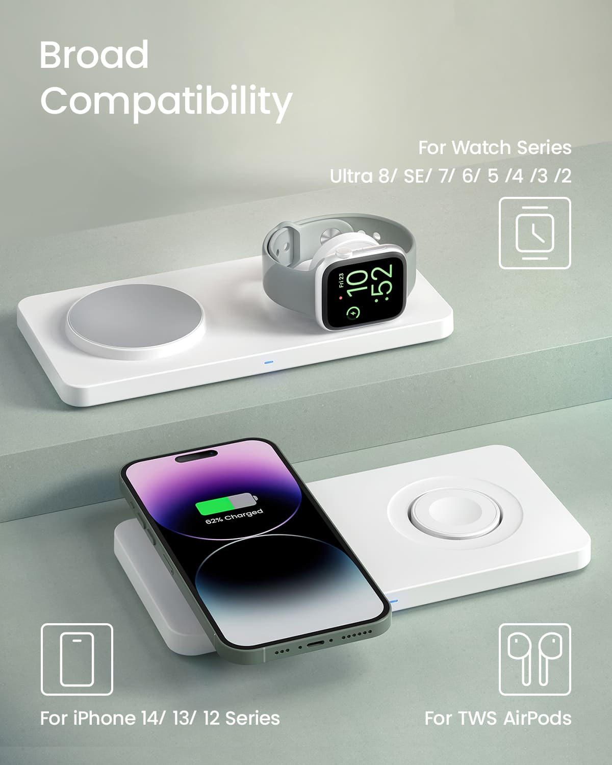 GEEKERA 2-in-1 MagSafe Wireless Charger, for iPhone, Apple Watch, AirPods