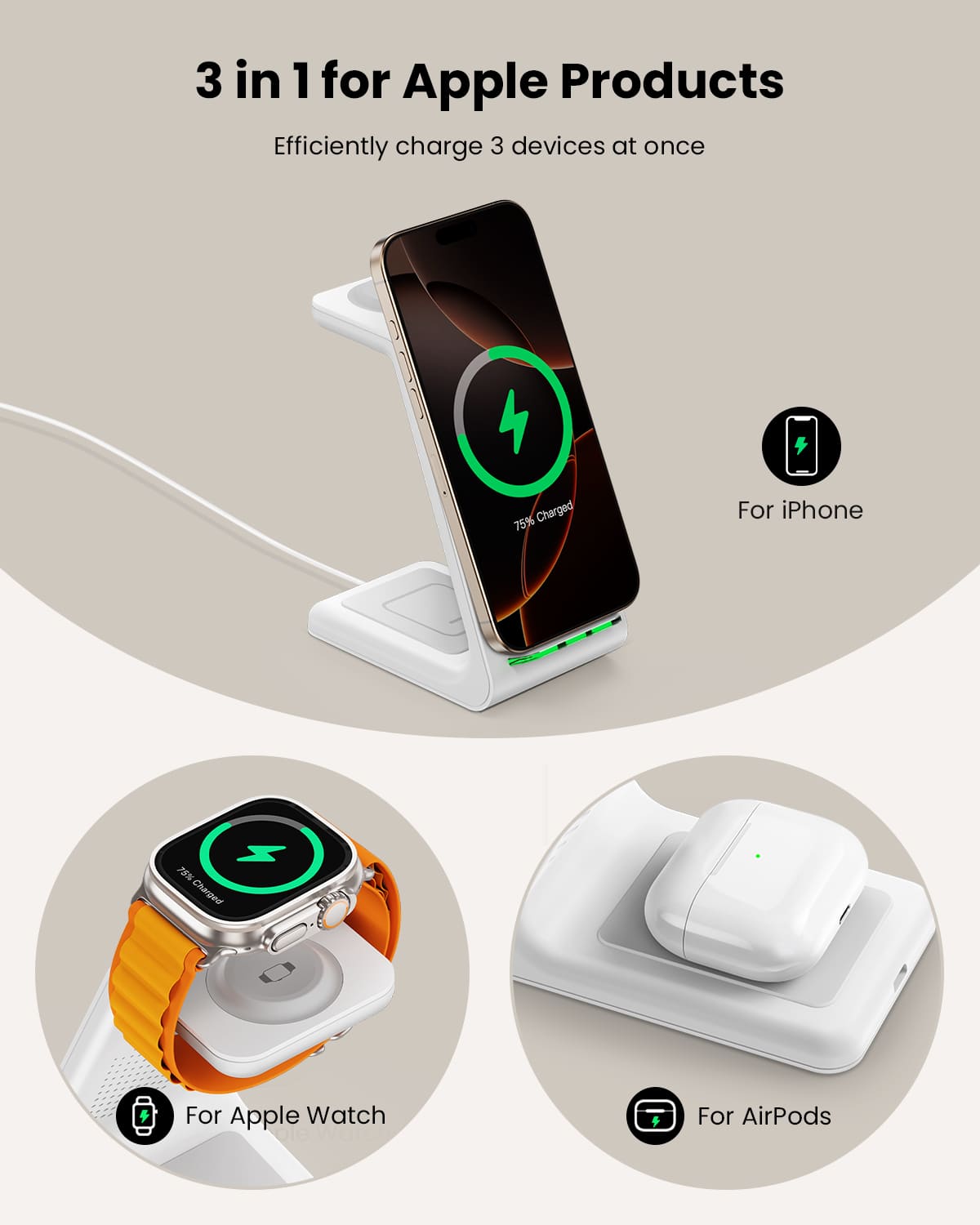 GEEKERA 3-in-1 Apple charger, fast charge for iPhone 16-11, Watch Ultra-2, AirPods Pro-2
