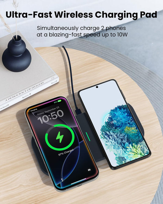 GEEKERA 2-in-1 Wireless Charging Pad for iPhone 14-8, AirPods 3/2/Pro.