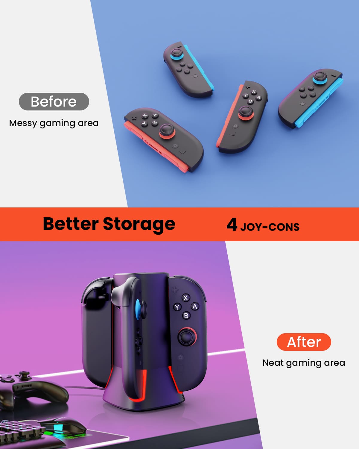 GEEKERA Switch 2 Charging Dock - 4-in-1 JoyCon Charger with RGB Lights