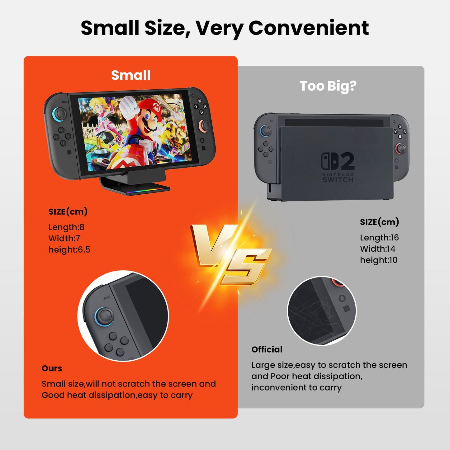 GEEKERA Switch 2 Charging Dock with RGB Lights & Type-C Cable – Portable Charger & Accessory
