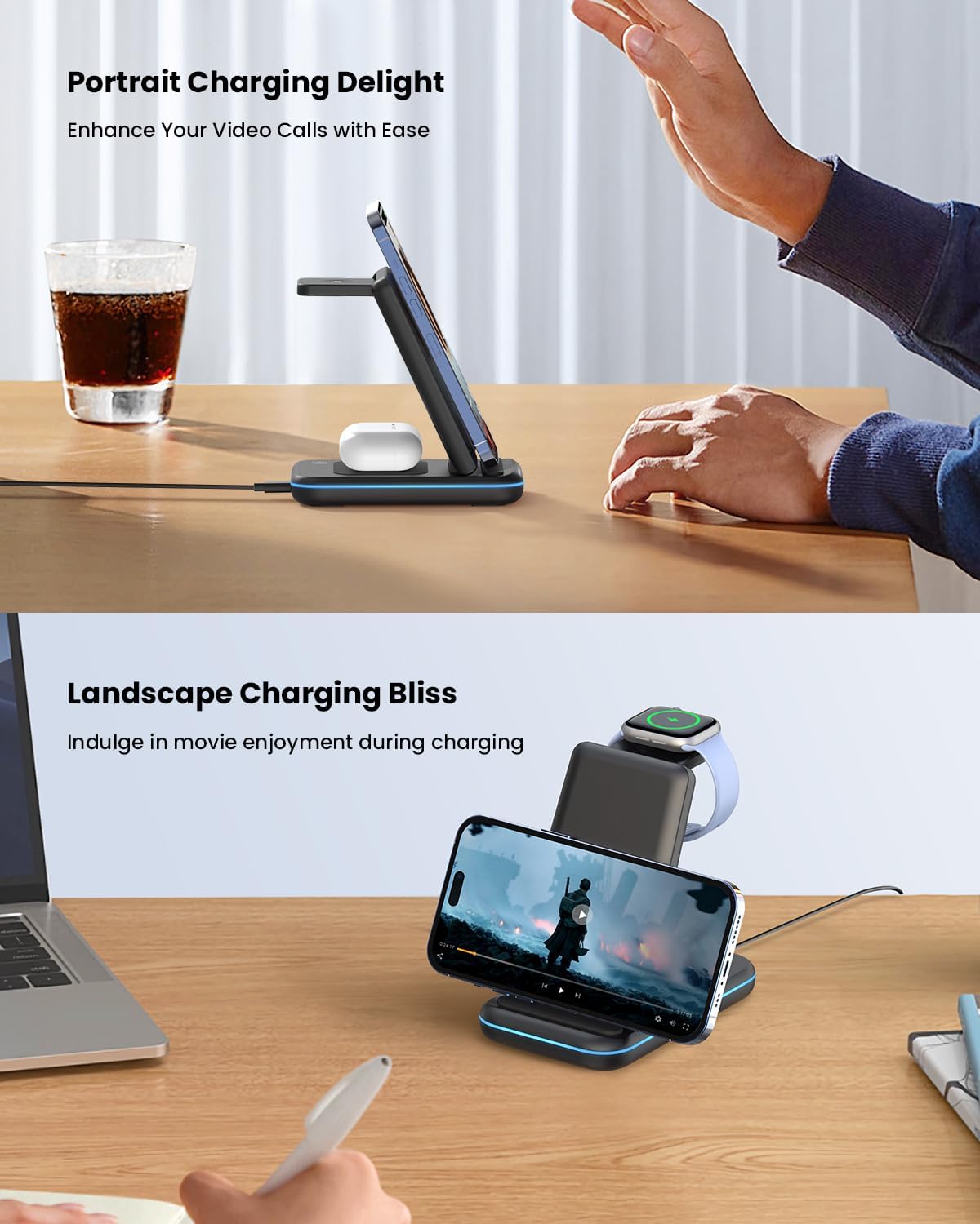 Wireless Charging Station - GEEKERA 3 in 1 Foldable Wireless Charger Stand for iPhone