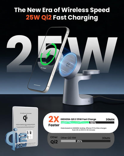 GEEKERA Qi2 25W 3-in-1 Ladestation mit Nachtlicht für iPhone