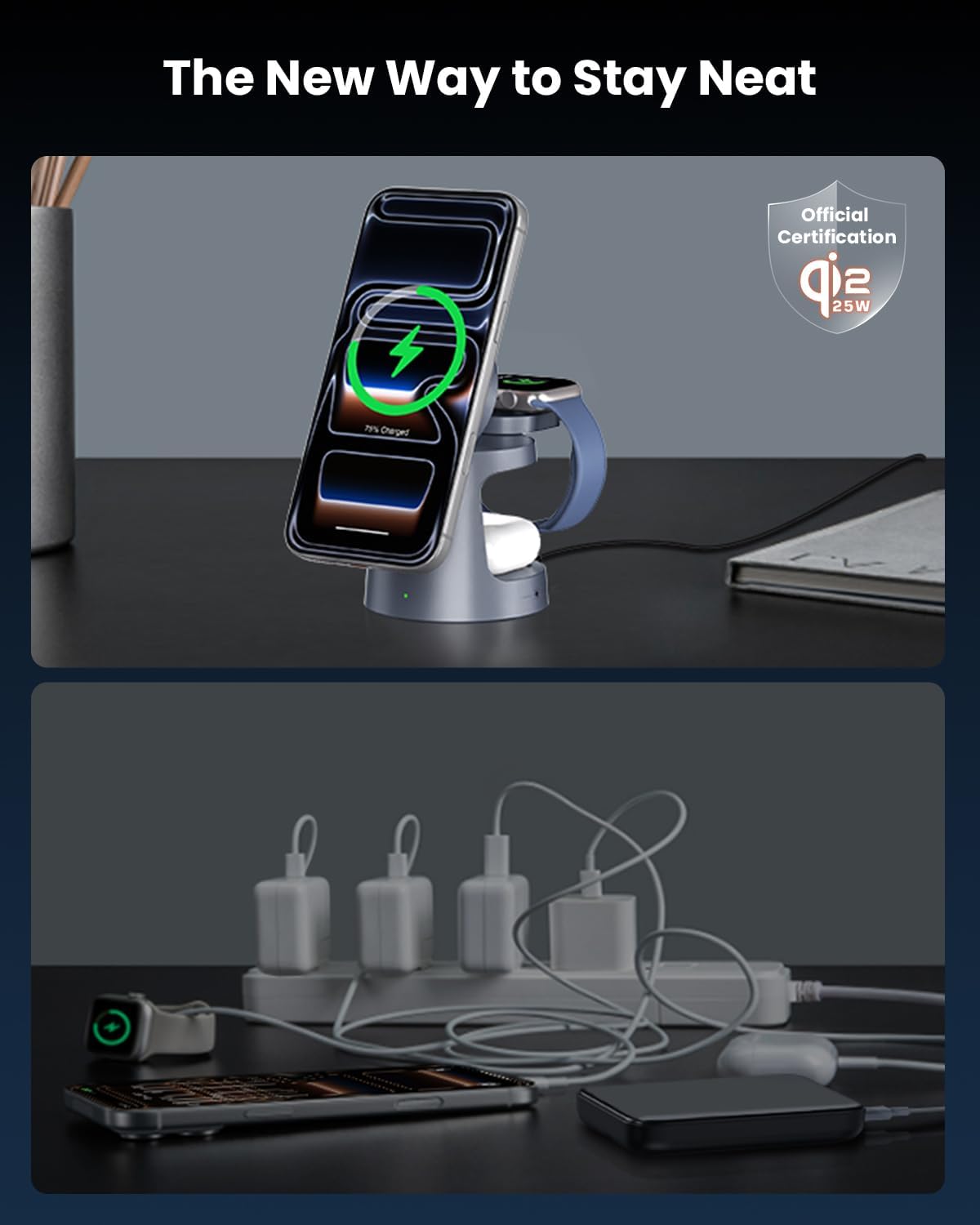 GEEKERA Qi2 25W 3-in-1 Ladestation mit Nachtlicht für iPhone