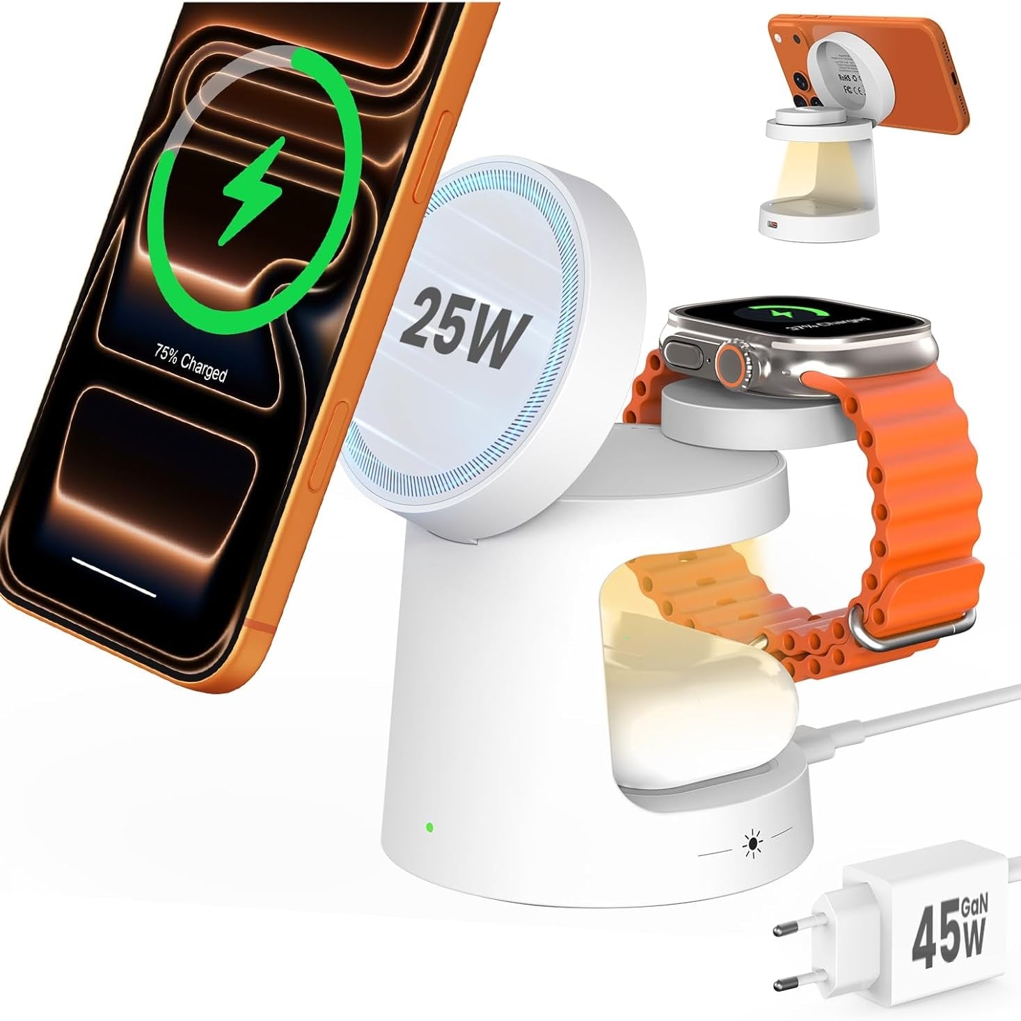 GEEKERA Qi2 25W 3-in-1 Charging Station with Night Light for iPhone