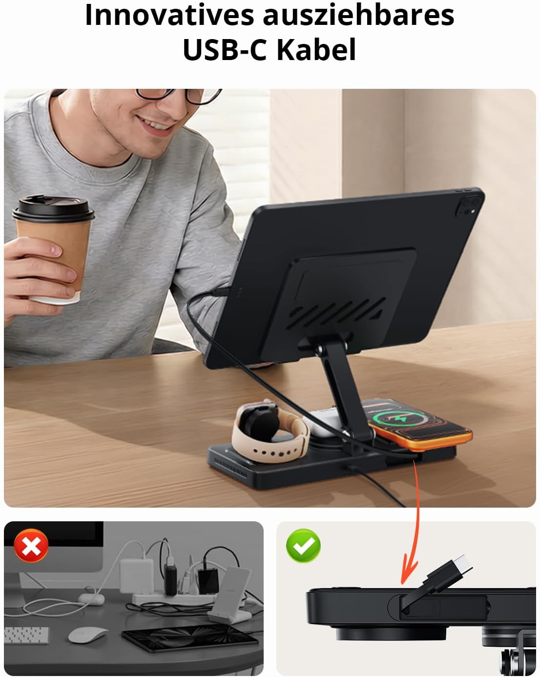 GEEKERA 4-in-1 Ladestation für Apple, Integriertes ausziehbares Ladekabel für iPad