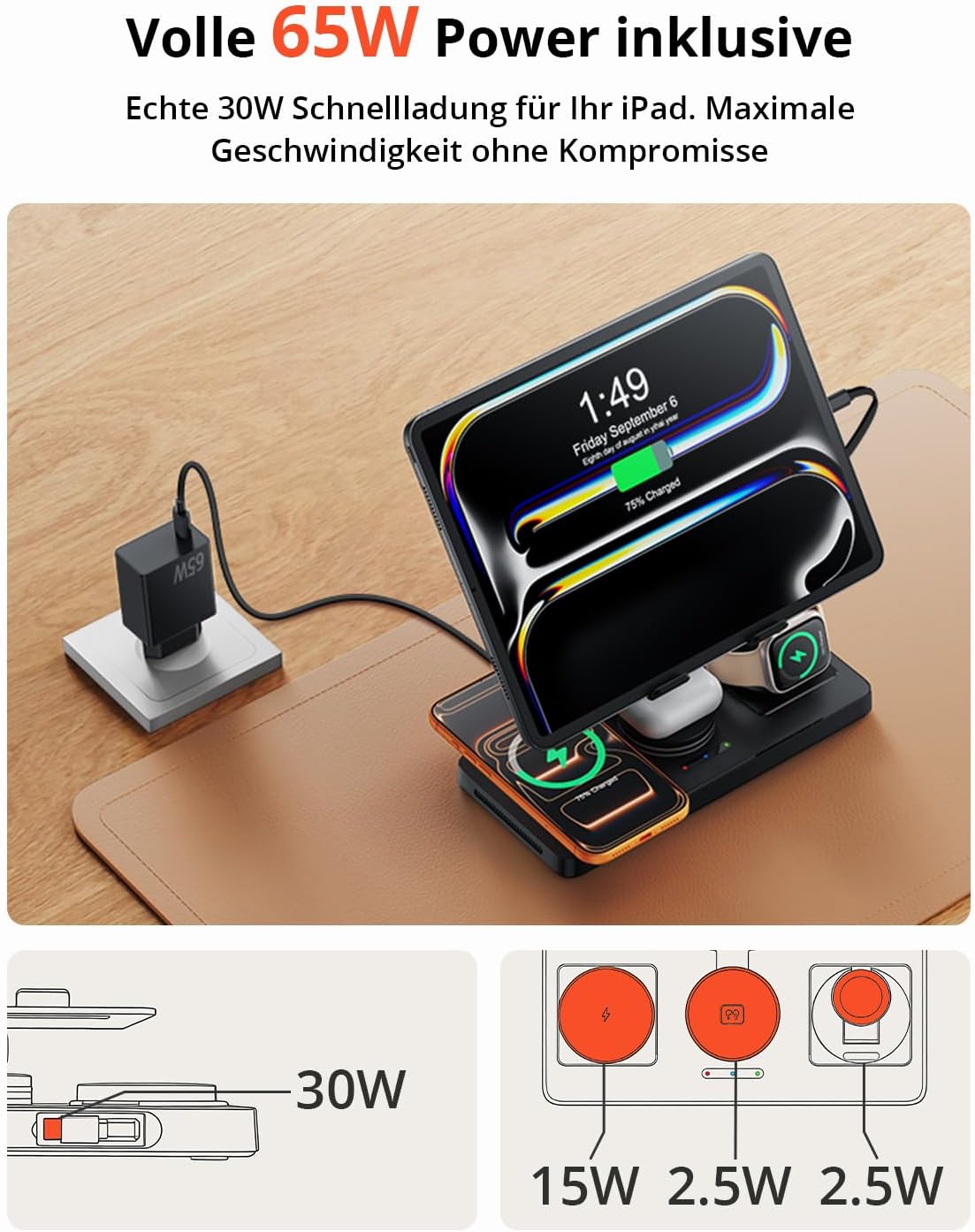 GEEKERA 4-in-1 Ladestation für Apple, Integriertes ausziehbares Ladekabel für iPad