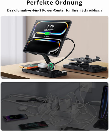 GEEKERA 4-in-1 Ladestation für Apple, Integriertes ausziehbares Ladekabel für iPad