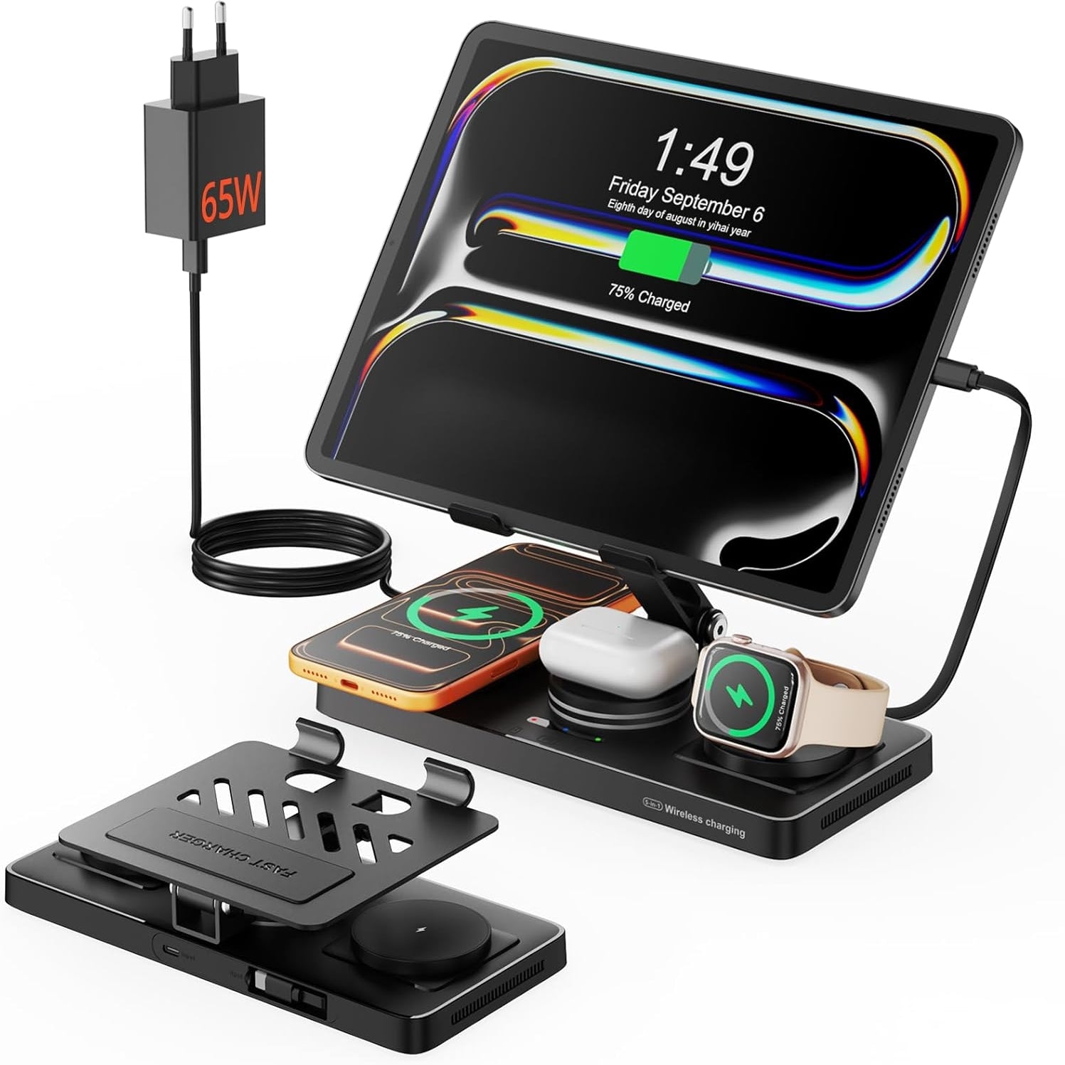 GEEKERA 4-in-1 Charging Station for Apple, Built-in Retractable Charging Cable for iPad