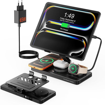 GEEKERA 4-in-1 Ladestation für Apple, Integriertes ausziehbares Ladekabel für iPad