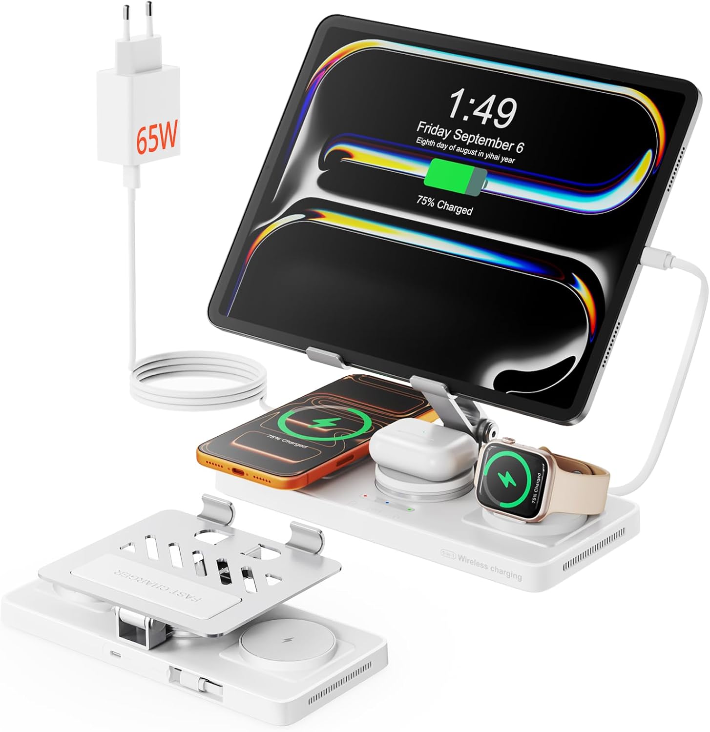 GEEKERA 4-in-1 Charging Station for Apple, Built-in Retractable Charging Cable for iPad
