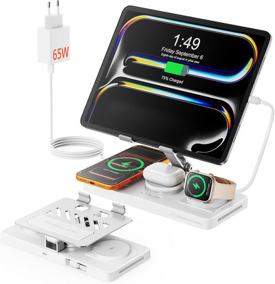 GEEKERA 4-in-1 Ladestation für Apple, Integriertes ausziehbares Ladekabel für iPad