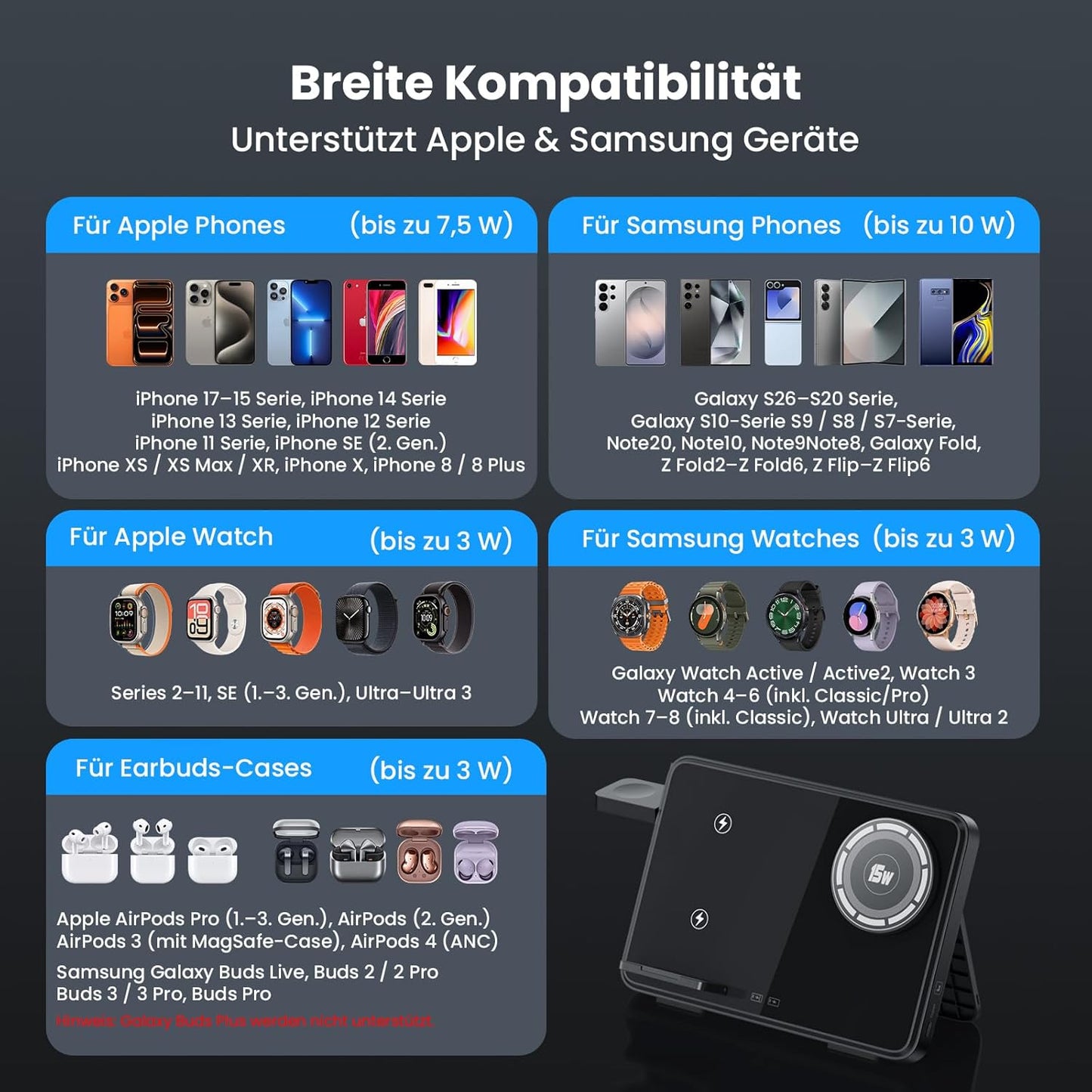 GEEKERA Induktive Dual-Ladestation für iPhone & Samsung - faltbar 4-in-1