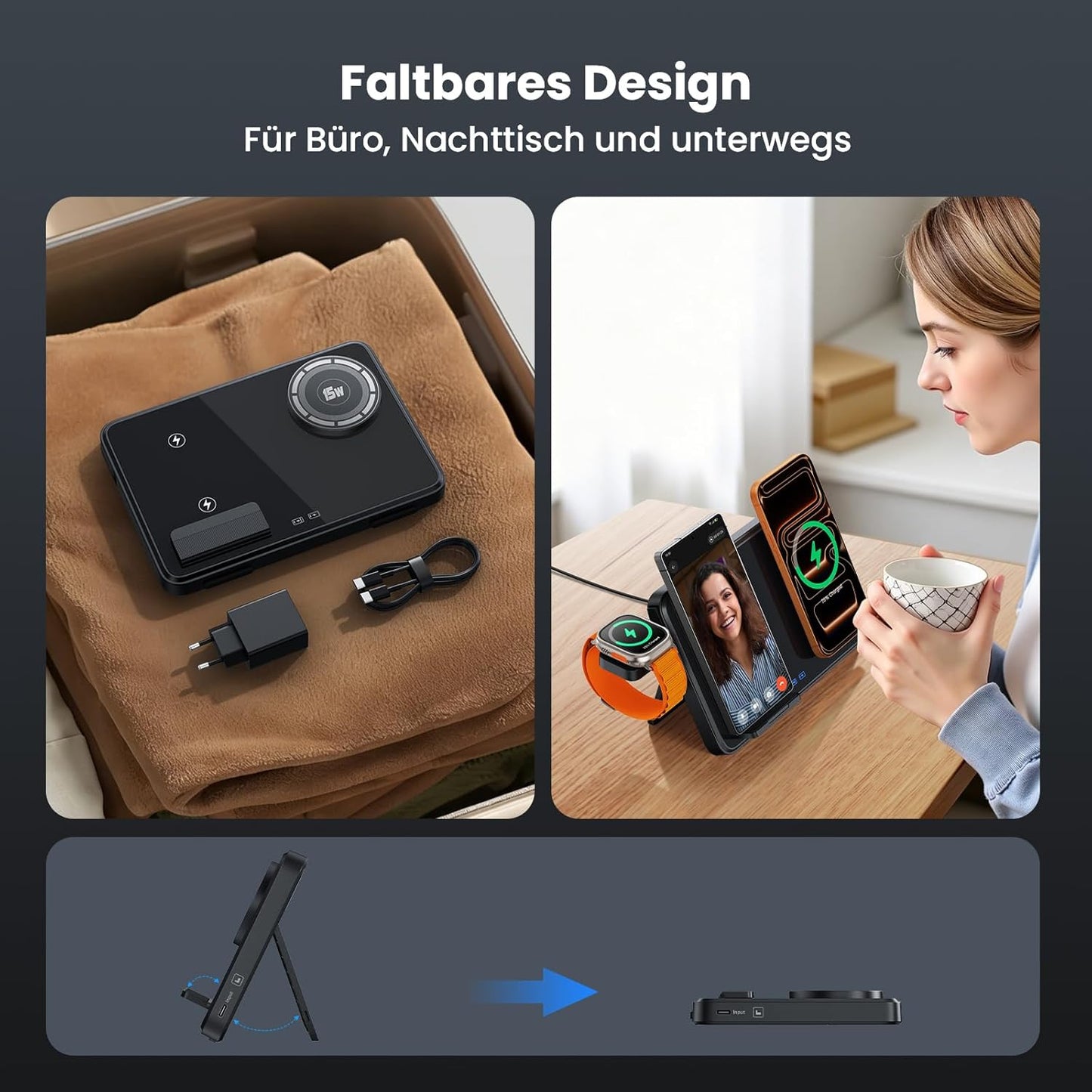 GEEKERA Induktive Dual-Ladestation für iPhone & Samsung - faltbar 4-in-1