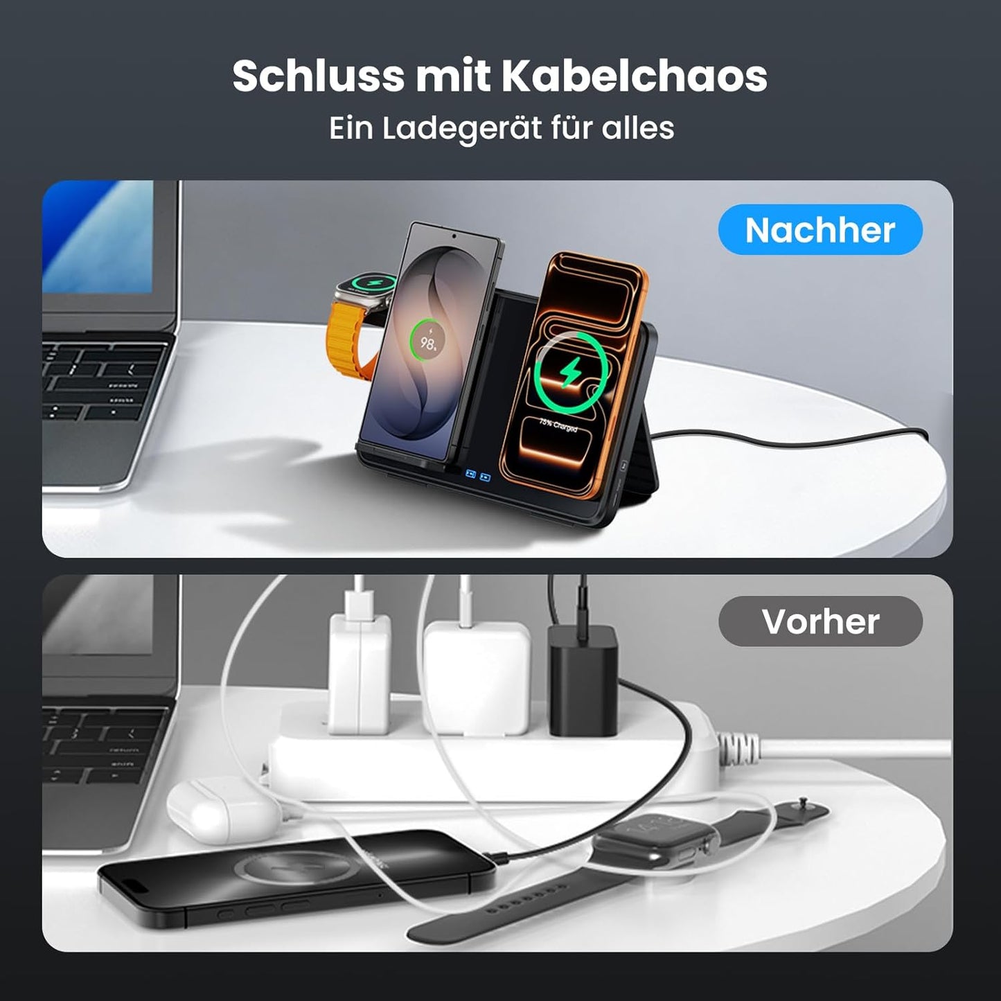 GEEKERA Induktive Dual-Ladestation für iPhone & Samsung - faltbar 4-in-1