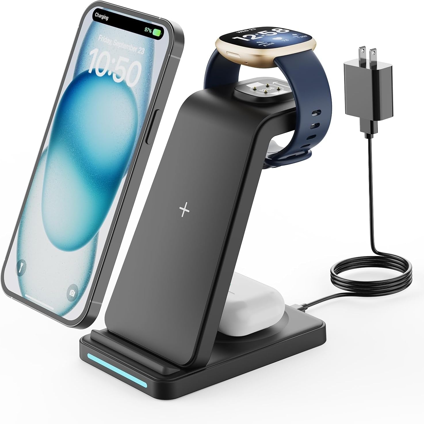 GEEKERA 3-in-1 Charger for Fitbit Sense 2/Versa 4, iPhone, Samsung, Pixel, AirPods 3/2