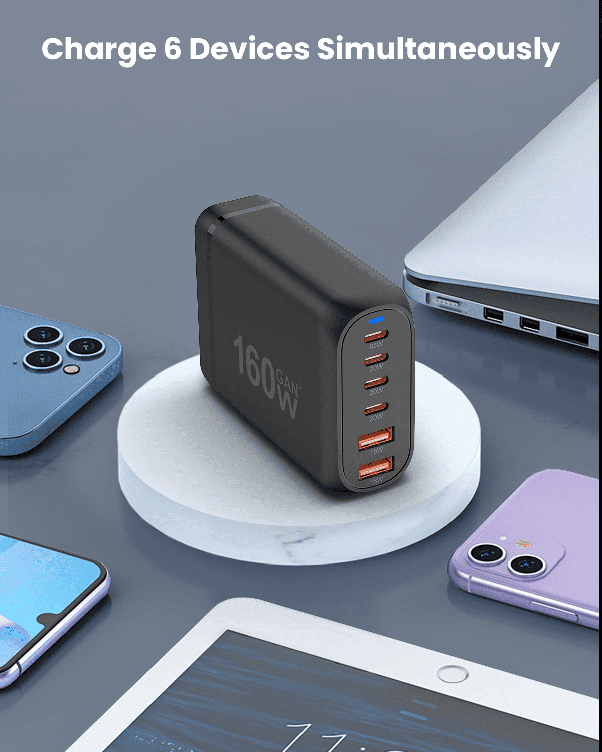 GEEKERA 160W 6-Port Charger, 4C+2A, for iPhone/Samsung etc.