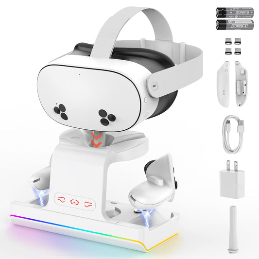 GEEKERA Quest 3S Charging Dock, VR Stand, RGB Light, 2 Batteries, 2-in-1 Charger