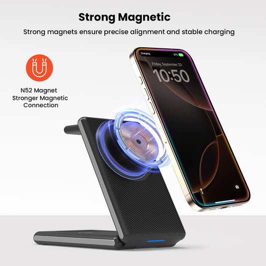 GEEKERA 3-in-1 Mag Charger, Foldable for iPhone 15-12 Pro Max, Fitbit Versa 4/Sense 2, AirPods 3/Pro