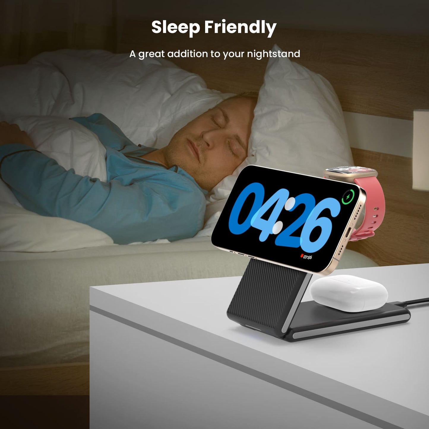 GEEKERA 3-in-1 Mag Charger, Foldable for iPhone 15-12 Pro Max, Fitbit Versa 4/Sense 2, AirPods 3/Pro