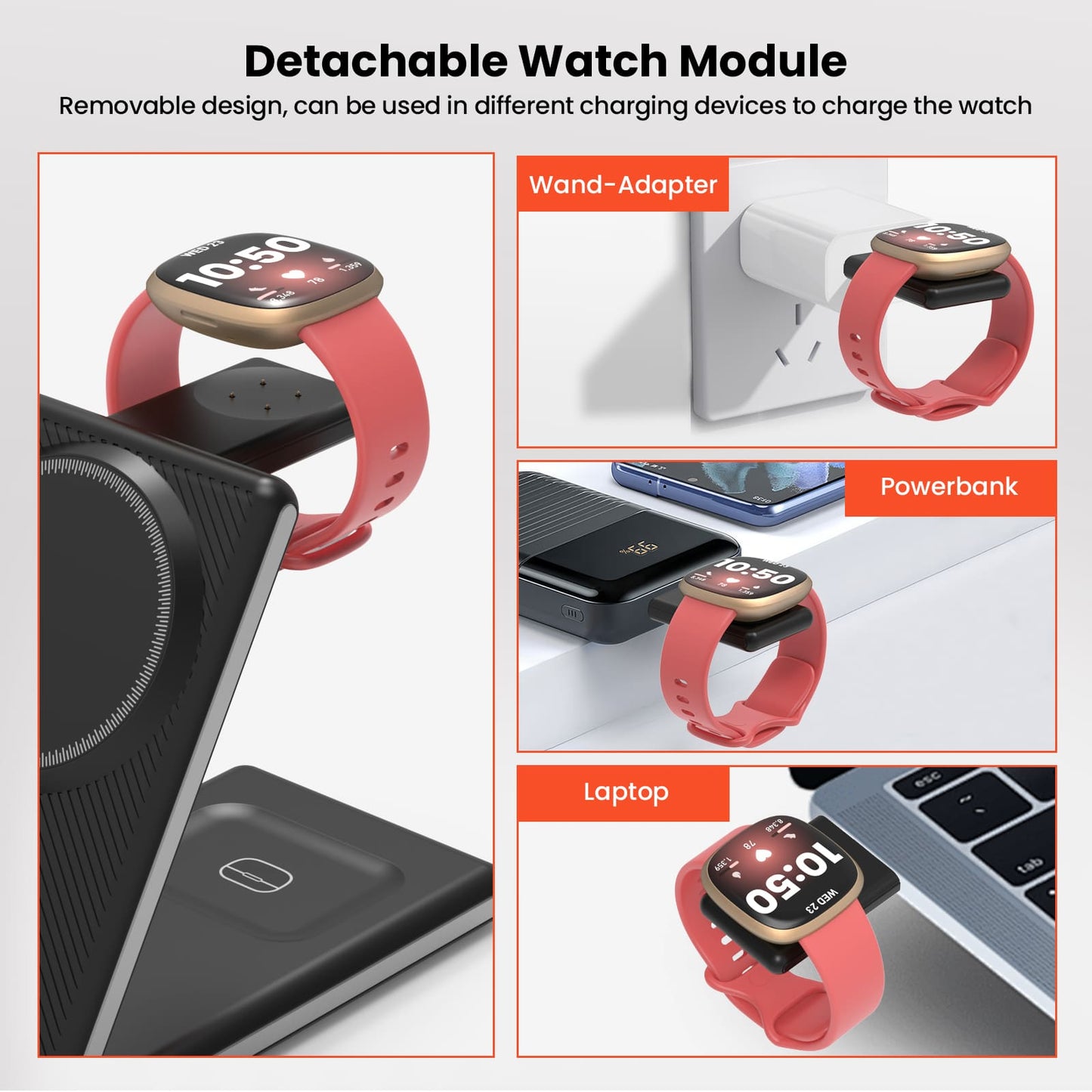 GEEKERA 3-in-1 Mag Charger, Foldable for iPhone 15-12 Pro Max, Fitbit Versa 4/Sense 2, AirPods 3/Pro