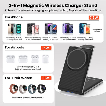 GEEKERA 3-in-1 Mag Charger, Foldable for iPhone 15-12 Pro Max, Fitbit Versa 4/Sense 2, AirPods 3/Pro