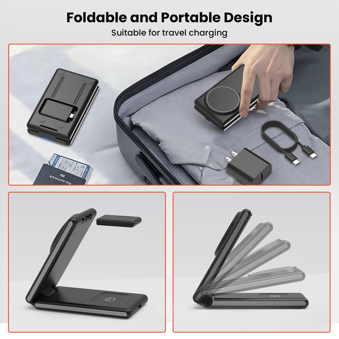 GEEKERA 3-in-1 Mag Charger, Foldable for iPhone 15-12 Pro Max, Fitbit Versa 4/Sense 2, AirPods 3/Pro